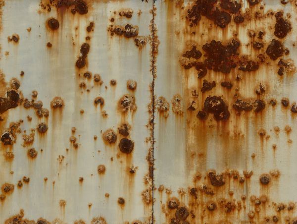 White metal texture covered by many small red spots and patches of rust.